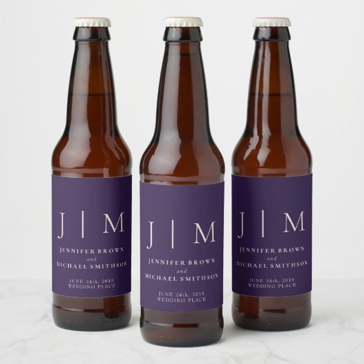 Middernacht Paarse Bruiloft met Monogram Bier Etiket (Flessen)