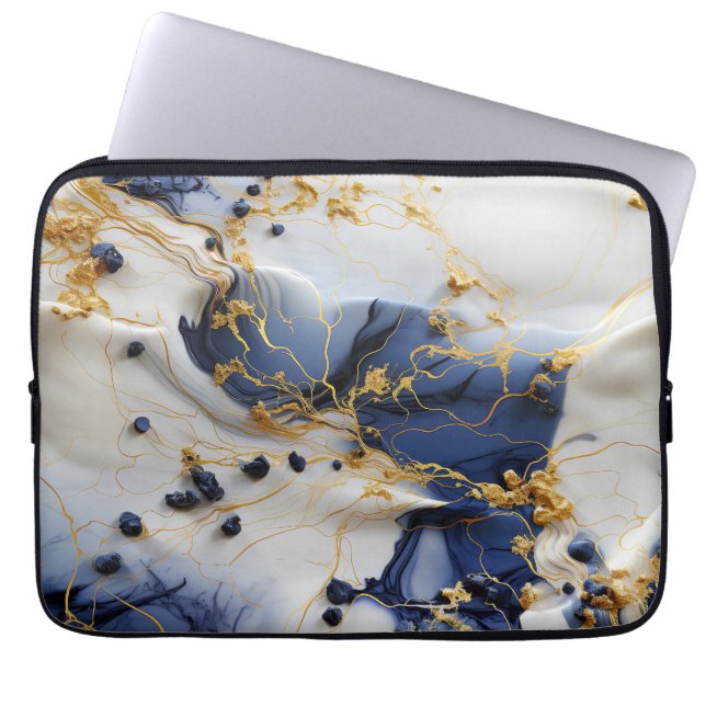 Middernacht Sapphire Marmer met Gouden Draden Laptop Sleeve (Voorkant)