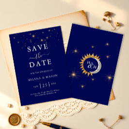 Middernacht Sterren Monogram Navy Blauwe Trouwjurk Save The Date