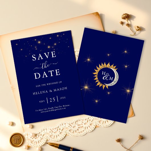 Middernacht Sterren Monogram Navyblauw Trouwen Save The Date