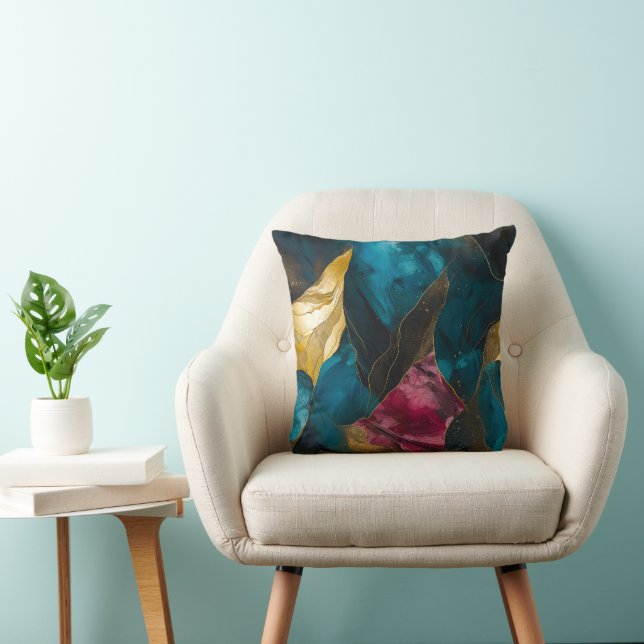 Middernacht Teal & Goud Marmer Fusie Kussen (Stoel)