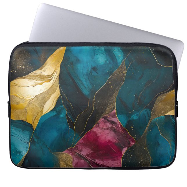 Middernacht Teal & Goud Marmer Fusie Laptop Sleeve (Voorkant)