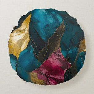Middernacht Teal & Goud Marmer Fusie Rond Kussen