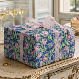 Middernacht Tulpen Tuin Bloemig Roze en Blauw Cadeaupapier