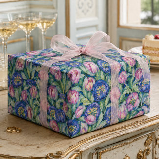 Middernacht Tulpen Tuin Bloemig Roze en Blauw Cadeaupapier