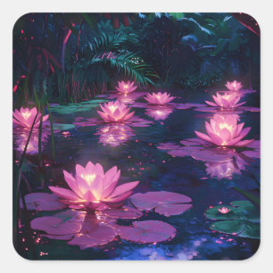 Middernacht Zen Natuur Roze Lotusvijver Vierkante Sticker