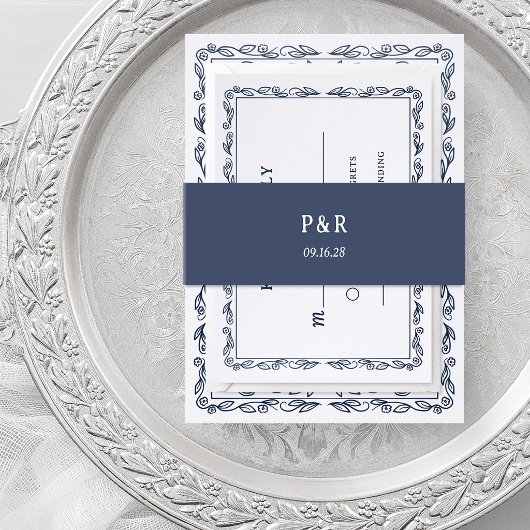 Middernachtblauw | Eenvoudig monogram Uitnodigingen Wikkel