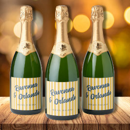 Middernachtblauw Retro Gedempte Perzik Streep Brui Sparkling Wijnetiket