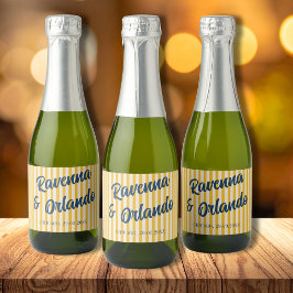 Middernachtblauw Retro Gedempte Perzik Streep Brui Sparkling Wijnetiket