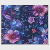 Middernachtblauwe en roze bloemen cadeaupapier (Vlak)