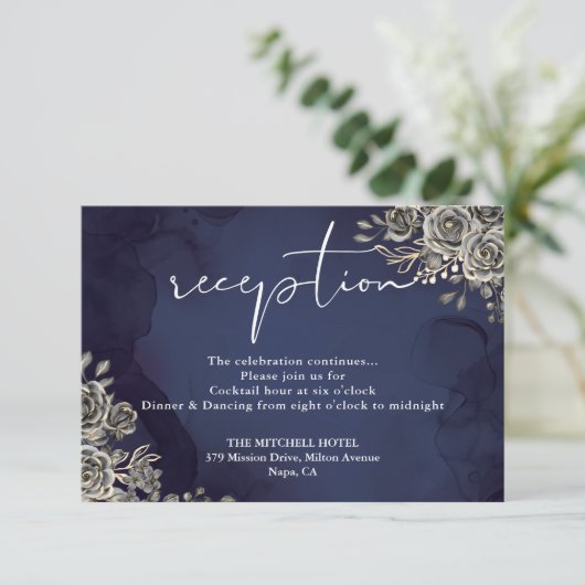 Middernachtblauwe Gotische Trouwreceptie Informatiekaartje (Staand voorkant)