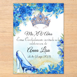 Middernachtblauwe Slipper en Kroon Quinceañera Uit Acryl Uitnodigingen