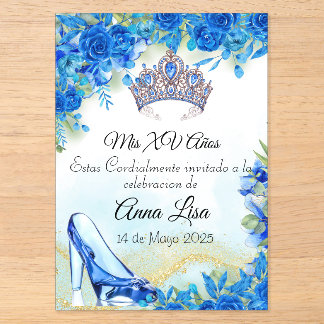 Middernachtblauwe Slipper en Kroon Quinceañera Uit Acryl Uitnodigingen