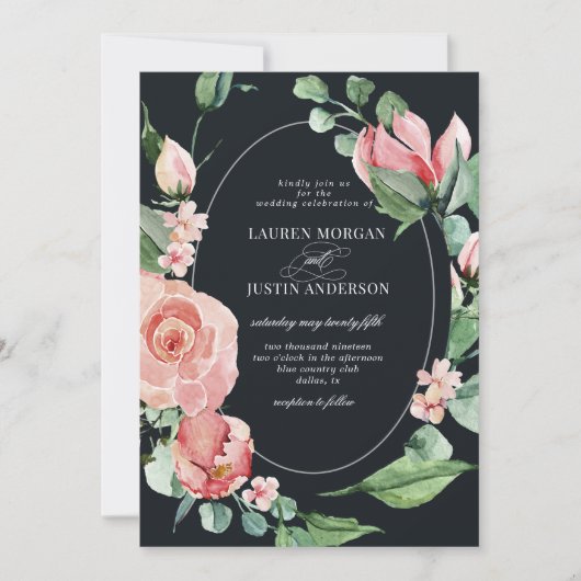 middernachtbloei elegante bloemenbruiloft uitnodig kaart (Voorkant)