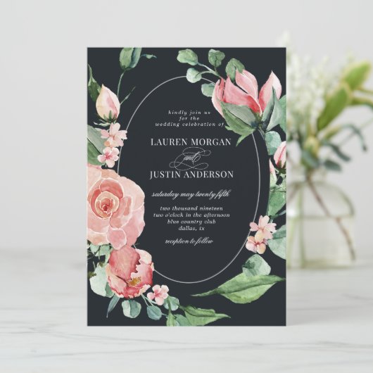 middernachtbloei elegante bloemenbruiloft uitnodig kaart (Staand voorkant)