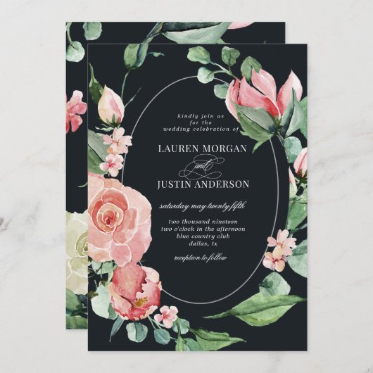 middernachtbloei elegante bloemenbruiloft uitnodig kaart (Voorkant / Achterkant)