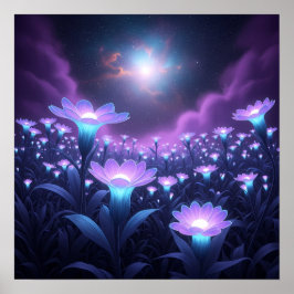 Middernachtbloemveld onder gloeiende kosmische hem poster