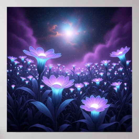 Middernachtbloemveld onder gloeiende kosmische hem poster (Voorkant)