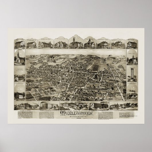 Middleborough, MA Panoramic Map - 1889 Poster (Voorkant)