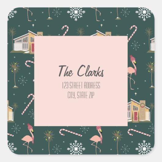 Mideeuw kerstroze huis palmboom vierkante sticker (Voorkant)