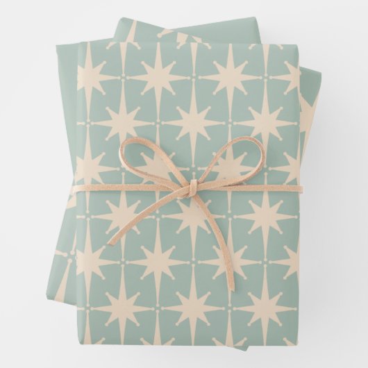 Mideeuw Modern Retro Starbursts Celadon Mint Inpakpapier Vel (In situ)