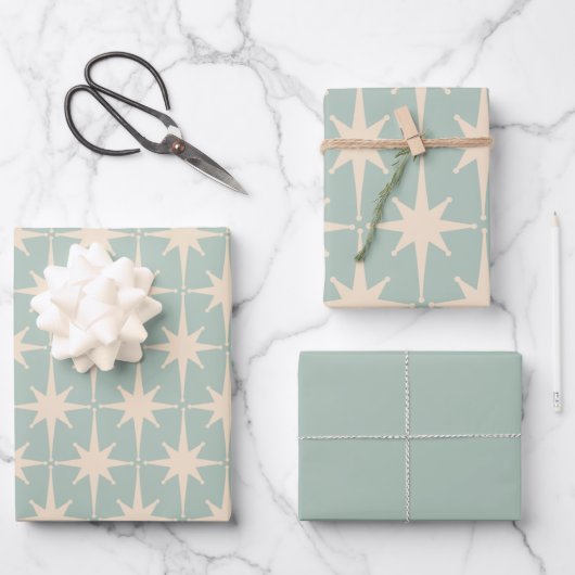 Mideeuw Modern Retro Starbursts Celadon Mint Inpakpapier Vel (Voorkant)