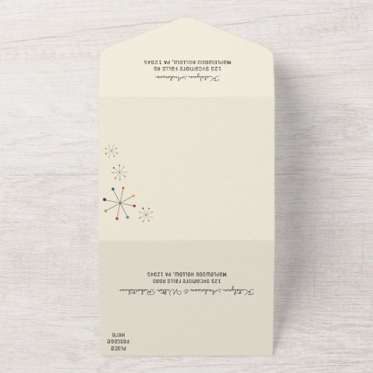 Mideeuw moderne atoomtijd retro stijl bruiloft all in one uitnodiging (Buitenkant)