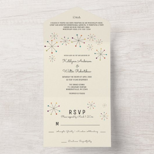 Mideeuw moderne atoomtijd retro stijl bruiloft all in one uitnodiging (Binnen)