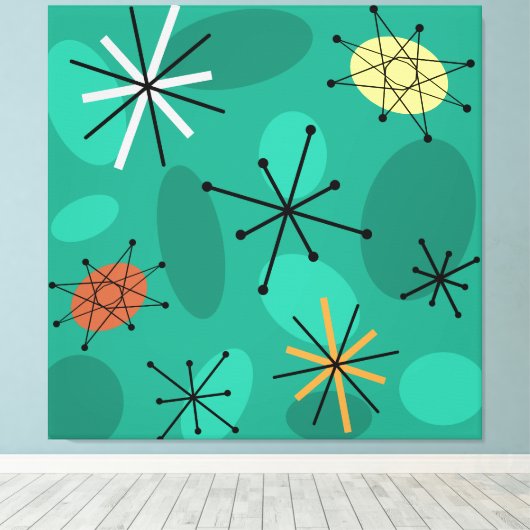 Mideeuw Sputnik Starbursts Turquoise Canvas Afdruk (Insitu (Houten vloer))