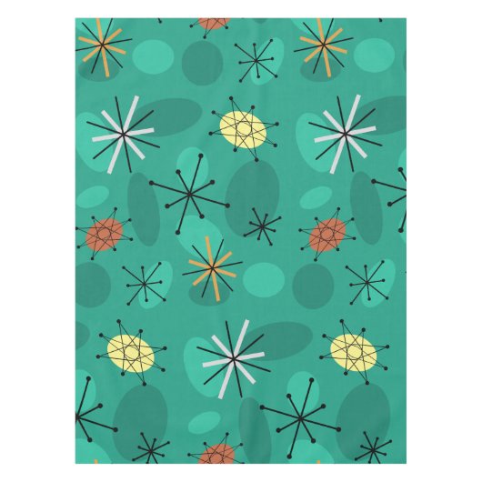 Mideeuw Sputnik Starbursts Turquoise Tafelkleed (Voorkant)