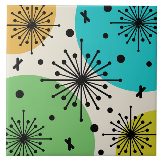 Mideeuw Sputnik Starbursts Veelkleurige Tegeltje (Voorkant)