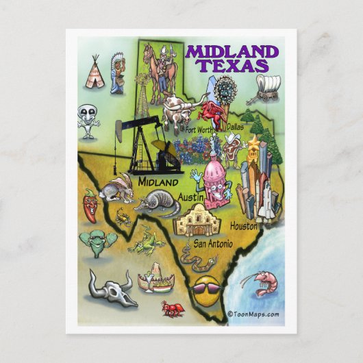 Midland Texas Cartoon Map Briefkaart (Voorkant)