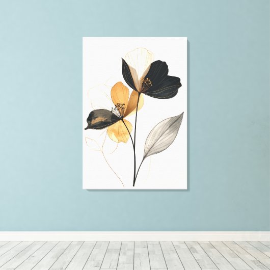 Midnight & Amber Bloom: Modern Minimalist Botanica Canvas Afdruk (Insitu (Houten vloer))