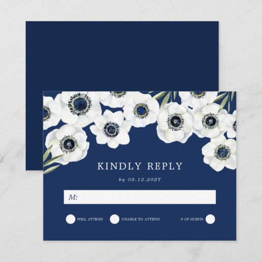 Midnight Anemone | Bloemenbruiloft RSVP Kaartje (Voorkant / Achterkant)