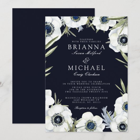 Midnight Anemone Floral Wedding Kaart (Voorkant / Achterkant)