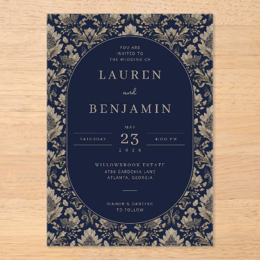 Midnight Baroque Wedding Acryl Uitnodigingen (Voorkant)