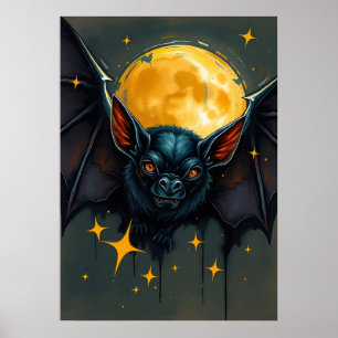 Midnight Bat & Volle Maan - Nocturnal Animal Art Poster