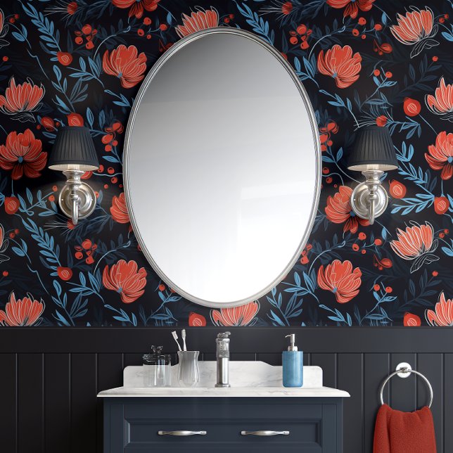 Midnight Berry Blooms - zwart, rood en blauw Behang (Midnight Berry Blooms - Black, Red, and Blue - Eclectic Peel and Stick Wallpaper)