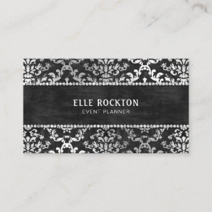 Midnight Black Glimmer Damask Wedding Planner Visitekaartje