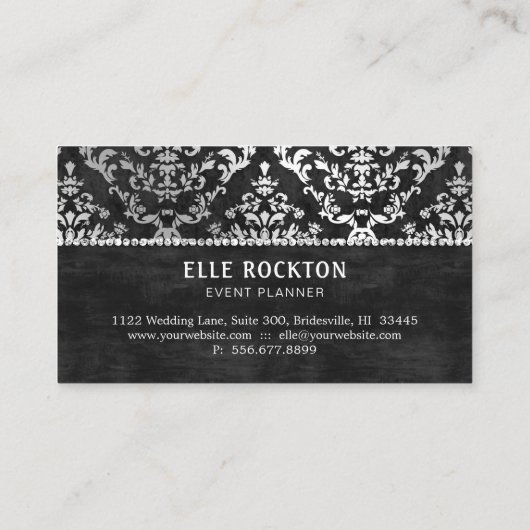 Midnight Black Glimmer Damask Wedding Planner Visitekaartje (Achterkant)