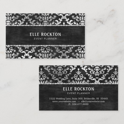 Midnight Black Glimmer Damask Wedding Planner Visitekaartje (Voorkant / Achterkant)