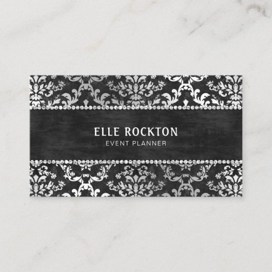 Midnight Black Glimmer Damask Wedding Planner Visitekaartje (Voorkant)
