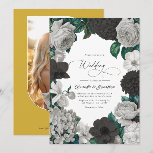 Midnight Black, Oyster Gray & Soft Linen Wedding Kaart (Voorkant / Achterkant)