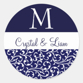 MIDNIGHT BLAUW EN WIT Damast Bruiloft Monogram Ronde Sticker