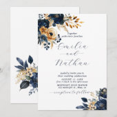 Midnight Blauwe en Gouden Bloemen Bruiloft Kaart (Voorkant / Achterkant)