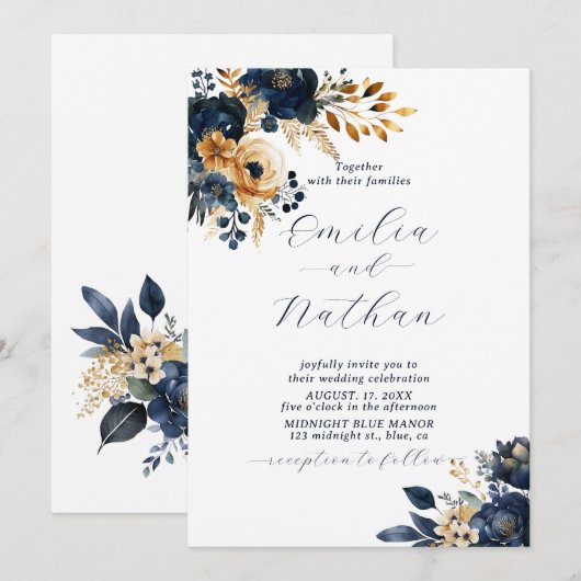 Midnight Blauwe en Gouden Bloemen Bruiloft Kaart (Voorkant / Achterkant)