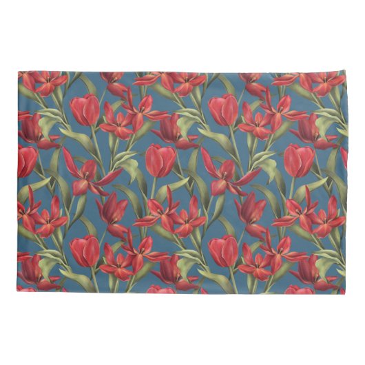 Midnight Blauwgroen achtergrond met Red Tulips Kussensloop (Achterkant)