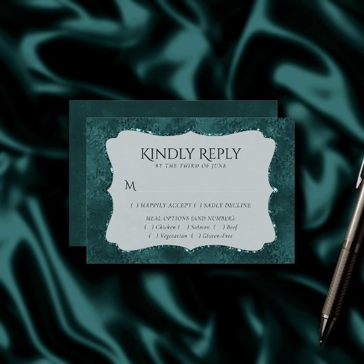 Midnight Blauwgroen Romance | Dark Satiny Damask E RSVP Kaartje