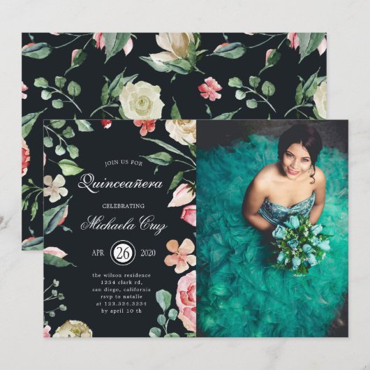 Midnight bloom blush floral Quinceanera Kaart (Voorkant / Achterkant)