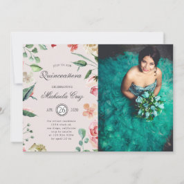 Midnight bloom blush floral Quinceanera Kaart
